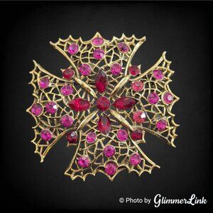Vintage Gold Tone Maltese Cross Filigree Brooch with Red and Pink Rhinestones